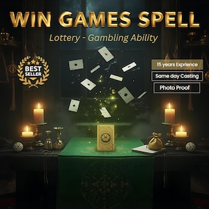 Puede incluir: Imagen con el texto "WIN GAMES SPELL" y "Lottery - Gambling Ability". Una baraja dorada de cartas está sobre una mesa verde, con naipes flotando en el aire. La imagen también incluye el texto "BEST SELLER", "15 years Experience", "Same day Casting" y "Photo Proof".