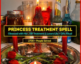 Może przedstawiać: Czerwona świeca w kształcie postaci na srebrnej tacy z czerwonymi różami, laskami cynamonu i ziołami. Tekst głosi PRINCESS TREATMENT SPELL, Obsessed with Her, VIP Treatment & Luxury Life + Gifts Ritual oraz 2700 + People Served.
