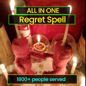May include: Two red fabric dolls stand facing each other, each with a tall white candle inserted into the top of their heads. The image features text that reads ALL IN ONE Regret Spell and 1800+ people served, surrounded by lit candles.