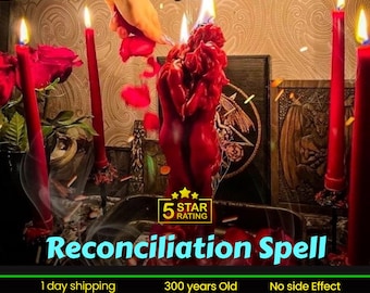 May include: A red candle shaped like two figures embracing, with flames, surrounded by red candles and rose petals. The text "Reconciliation Spell" is displayed below a five-star rating.