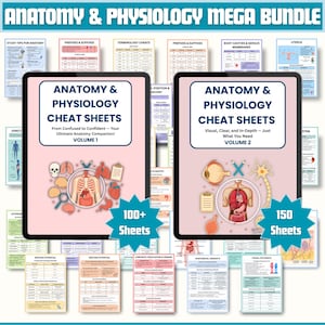 Puede incluir: Paquete Mega de Anatomía y Fisiología con dos tabletas digitales que muestran "Hojas de trucos de anatomía y fisiología" con ilustraciones anatómicas detalladas. El volumen 1 incluye más de 100 hojas, y el volumen 2 tiene 150 hojas. Se ven guías de estudio adicionales.