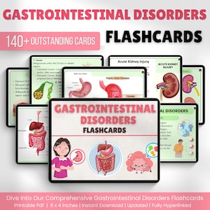 Puede incluir: Un conjunto de tarjetas didácticas tituladas "Trastornos gastrointestinales" con el texto "140+ tarjetas destacadas". Las tarjetas presentan ilustraciones y diagramas médicos relacionados con el sistema digestivo. Las tarjetas miden 15,24 x 10,16 cm.
