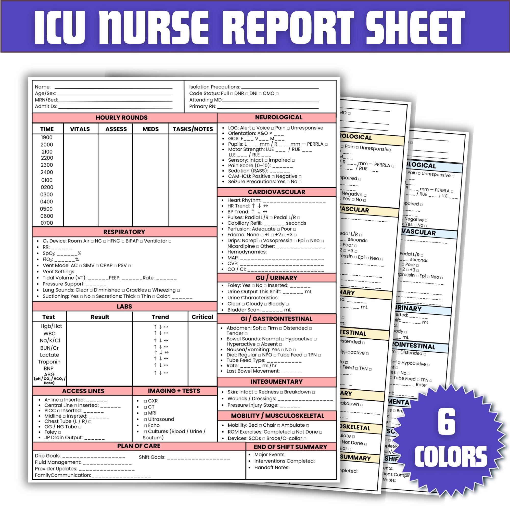 ICU Nurse Report Sheet | Hourly Rounds, Meds (PDF Printable) - Etsy