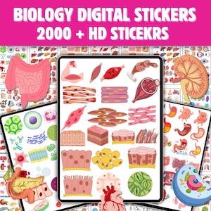 Könnte beinhalten: Digitale Biologie-Sticker mit Illustrationen der menschlichen Anatomie, einschließlich Organen, Zellen und Geweben. Der Text "BIOLOGY DIGITAL STICKERS 2000 + HD STICKERS" ist enthalten. Die Sticker sind farbenfroh und für Bildungszwecke geeignet.