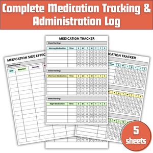Pode incluir: Um conjunto de cinco folhas de registo de acompanhamento e administração de medicamentos. As folhas incluem secções para o acompanhamento de medicamentos, efeitos secundários e um rastreador de medicamentos com caixas de seleção diárias. O título é "Complete Medication Tracking & Administration Log".