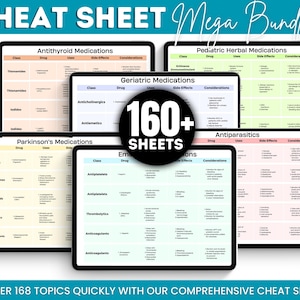 Op de afbeelding: Een verzameling digitale spiekbriefjes weergegeven op tablets. De tablets tonen medische informatie, waaronder medicijnclassificaties, toepassingen, bijwerkingen en overwegingen. De tekst "CHEAT SHEET Mega Bundle" en "160+ SHEETS" is zichtbaar.
