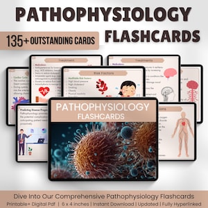 Puede incluir: Un conjunto de tarjetas didácticas de fisiopatología con el título "PATHOPHYSIOLOGY FLASHCARDS" y el texto "135+ OUTSTANDING CARDS". Las tarjetas cubren temas como tratamiento, factores de riesgo y ciclo cardíaco. Las tarjetas miden 15,24 cm x 10,16 cm.