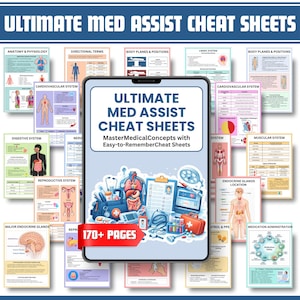 Puede incluir: Un conjunto de hojas de trucos médicos, que incluyen anatomía, fisiología y sistemas corporales. La tableta central muestra "ULTIMATE MED ASSIST CHEAT SHEETS" con "170+ PAGES" en una pancarta roja. Se ven varios diagramas médicos.