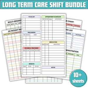May include: A bundle of long-term care shift sheets. The sheets include sections for patient information, to-do lists, appointment schedules, medication, and wound treatment. The bundle includes over 10 sheets.