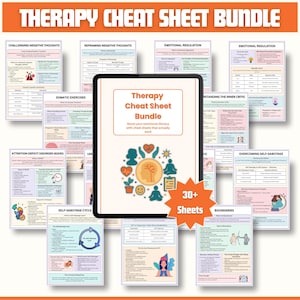 May include: A digital bundle of therapy cheat sheets. The title reads "THERAPY CHEAT SHEET BUNDLE". The bundle includes over 30 sheets covering topics like emotional regulation, self-sabotage, and challenging negative thoughts. The sheets are displayed on a tablet.