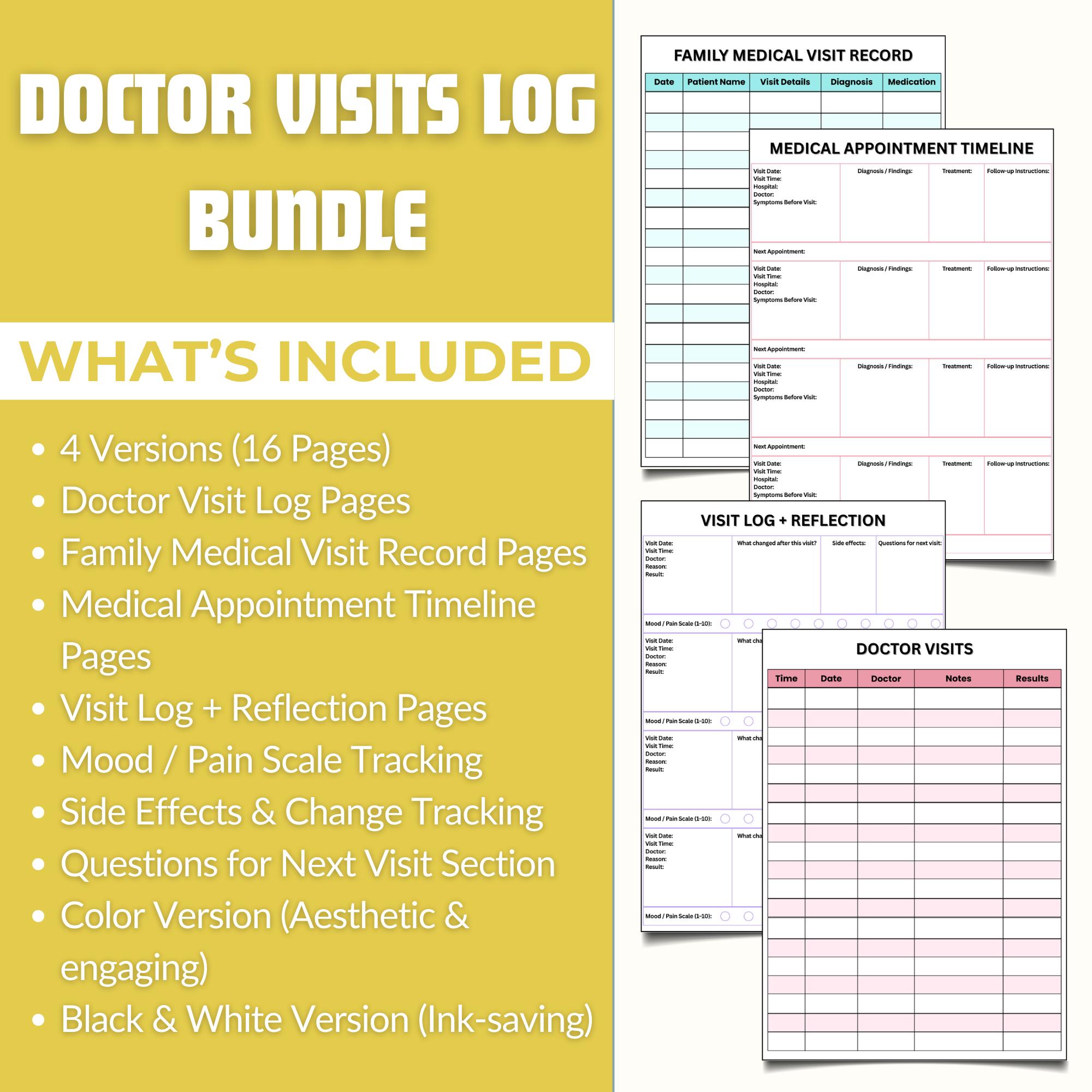 Doctor Visits Log Printable | Medical Appointment Notes & Health Binder ...