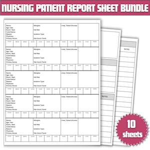 May include: A bundle of nursing patient report sheets. The sheets are white with black text and lines for filling in patient information. The title "NURSING PATIENT REPORT SHEET BUNDLE" is at the top. A pink starburst graphic indicates "10 sheets".