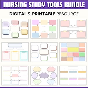 May include: A digital and printable nursing study tools bundle. The image displays various templates, including mind maps, flowcharts, and organizational charts. The templates are in pastel colors with blank spaces for notes and information.