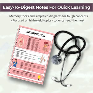May include: A medical study guide with the title "Easy-To-Digest Notes For Quick Learning" is displayed next to a black stethoscope. The guide includes diagrams and text about body systems and nursing relevance.