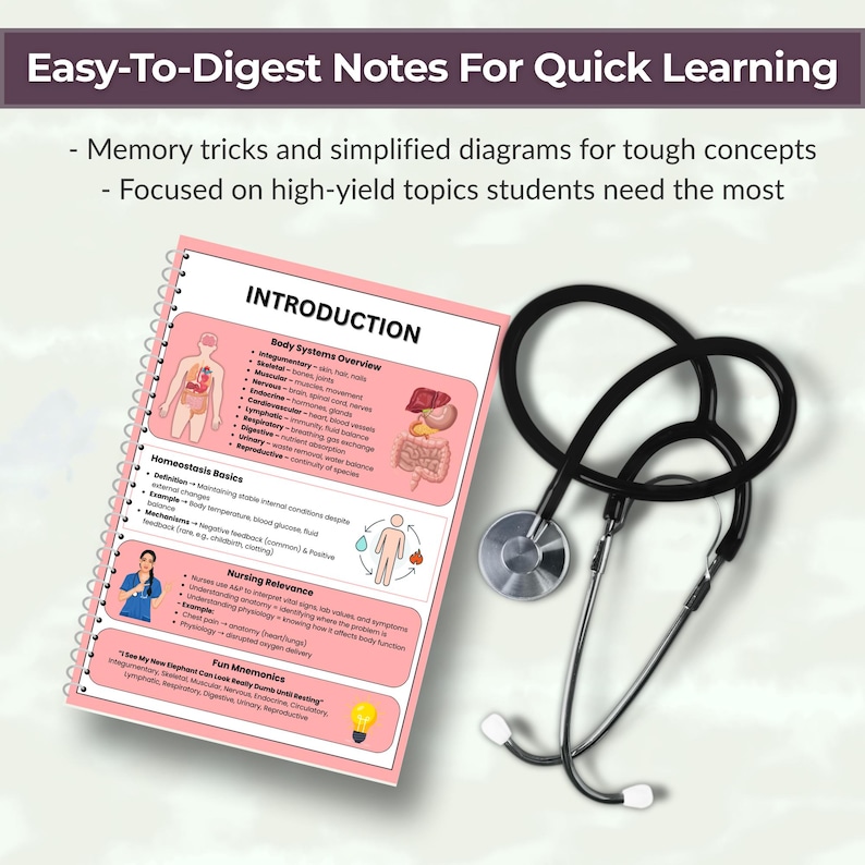 May include: A medical study guide with the title "Easy-To-Digest Notes For Quick Learning" is displayed next to a black stethoscope. The guide includes diagrams and text about body systems and nursing relevance.