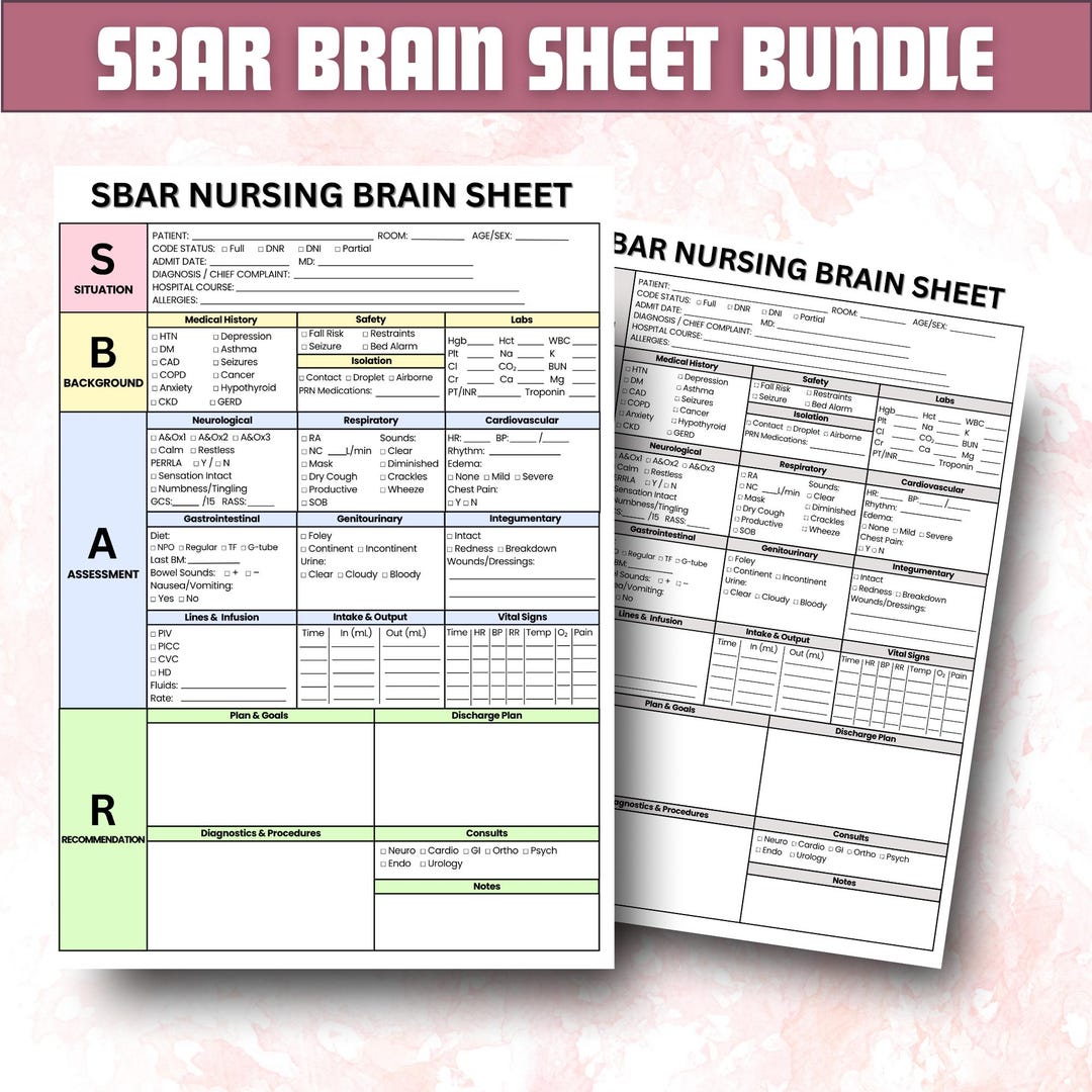 SBAR Nursing Brain Sheet Bundle: Printable Nurse Report (digital ...