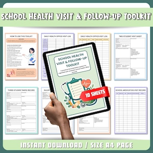 May include: A digital school health visit and follow-up toolkit displayed on a tablet screen, featuring a collection of ten printable A4 forms including visit logs, student records, and medication tracking sheets with medical icons and text.