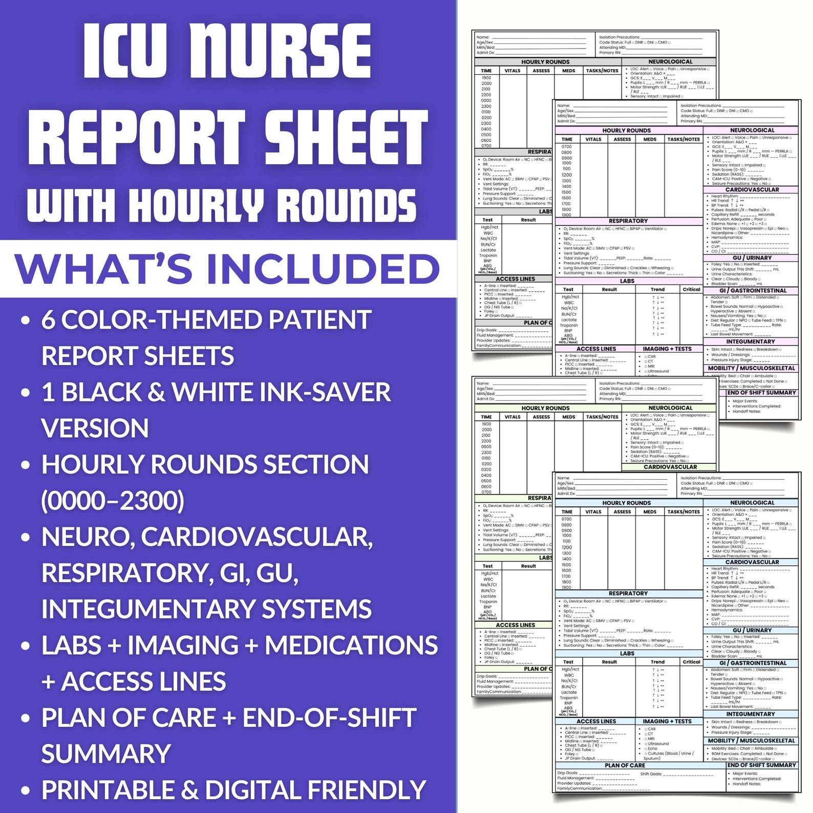 Hourly Rounding Pdf ICU Nurse Report Sheet | Hourly Rounds, Meds (PDF Printable) - Etsy