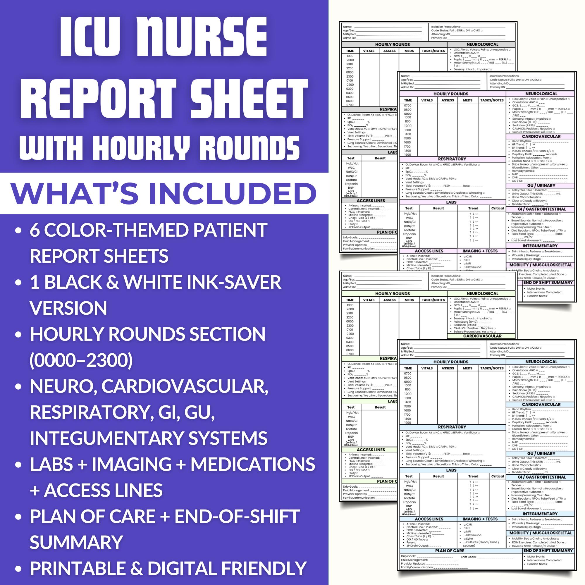 Icu Multidisciplinary Rounds Checklist.pdf ICU Nurse Report Sheet | Hourly Rounds, Meds (PDF Printable) - Etsy