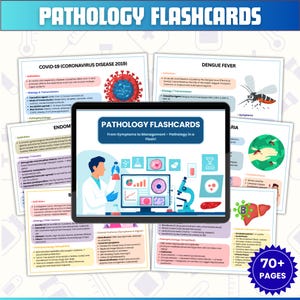 Pode incluir: Um conjunto de cartões de patologia com o título "PATHOLOGY FLASHCARDS" no topo. A imagem mostra um tablet exibindo o título "PATHOLOGY FLASHCARDS From Symptoms to Management - Pathology in a Flash!" e vários cartões com informações médicas.