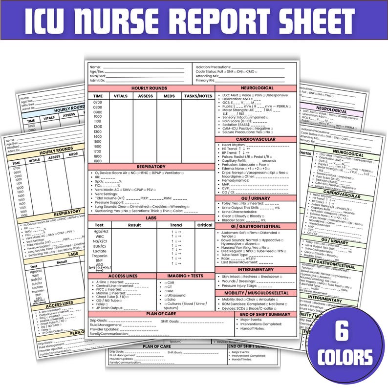 Icu Stack ICU Nurse Report Sheet | Hourly Rounds, Meds (PDF Printable) - Etsy