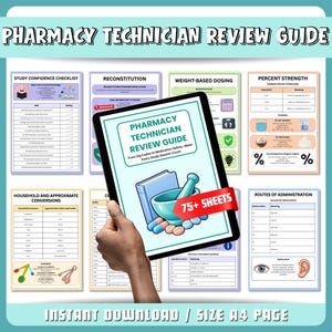 Pharmacy Technician Review Guide, Printable PTCB Exam Prep Notes, Pharm Tech Drug Classes Cheat Sheet, Dosage Calculations, Sig Codes PDF