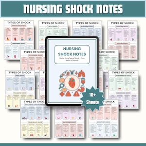 May include: A collection of nursing study notes titled "Nursing Shock Notes." The notes cover various types of shock, including hypovolemic, septic, neurogenic, and cardiogenic shock. The notes are on white paper with black text and colorful illustrations.