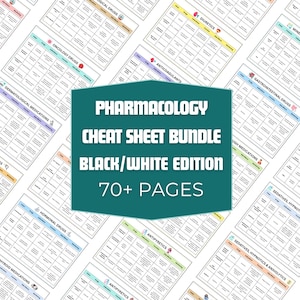 Może przedstawiać: Zestaw arkuszy kalkulacyjnych z farmakologii w czarno-białej edycji. Centralna grafika głosi "Pharmacology Cheat Sheet Bundle Black/White Edition 70+ Pages". Arkusze są uporządkowane według rodzaju leku.