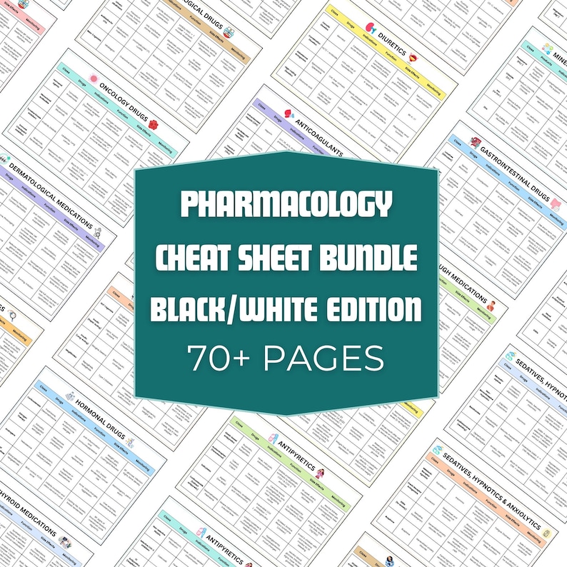 Może przedstawiać: Zestaw arkuszy kalkulacyjnych z farmakologii w czarno-białej edycji. Centralna grafika głosi "Pharmacology Cheat Sheet Bundle Black/White Edition 70+ Pages". Arkusze są uporządkowane według rodzaju leku.