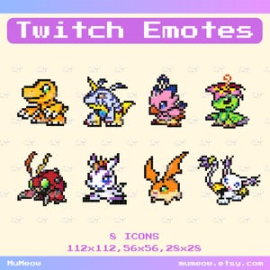 Op de afbeelding: Een verzameling van acht pixelachtige Twitch-emotes met verschillende kleurrijke wezens. De tekst "Twitch Emotes" staat bovenaan, met maatvoering en het woord "ICONS" eronder. De Etsy shopnaam "MuMeow" staat onderaan.