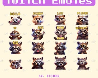 16 Raccoon Twitch Emotes Set | Funny Raccoon | Twitch Emote | Emojis for Twitch | Cute Raccoon Stream Emotes | Emotes Bundle | Emoji
