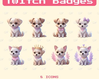 May include: A collection of eight cartoon dog icons in various poses and outfits, including crowns, bows, and angel wings. The text "Twitch Badges" is displayed at the top in pink pixelated font. The image also includes the text "8 Icons" and size specifications.