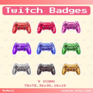May include: Nine colorful video game controller icons in red, pink, purple, blue, green, silver, black, and gold. The text "Twitch Badges" is at the top, and "9 Icons" is at the bottom. The image also includes the dimensions of the icons.