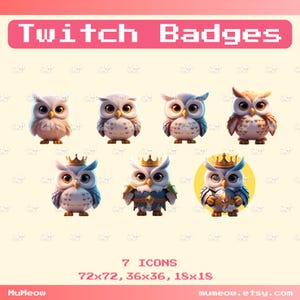 7 Owl Twitch Sub Badges | Cute Tier Badges for Streamers | Subscriber Badges | Twitch Badges Set PNG | Kawaii Badge Set for Gamer Channel