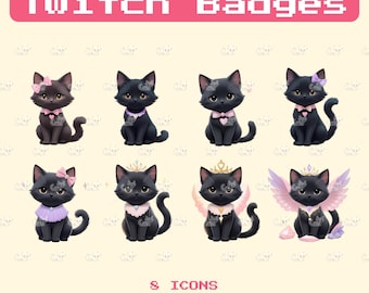 Ensemble de badges d'abonnement Twitch Chat Noir | Badges de fidélité Chat Kawaii (Téléchargement numérique)