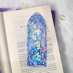 Holografiskt bokmärke för slottsfönster – Sagotisk gotisk design, fantasyläsarpresent Light Blue Castle