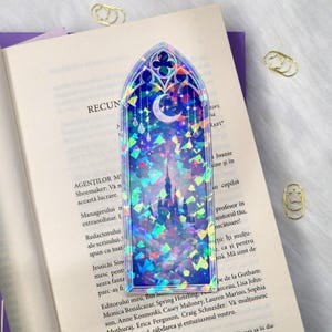 Holografiskt bokmärke för slottsfönster – Sagotisk gotisk design, fantasyläsarpresent Dark Blue Castle
