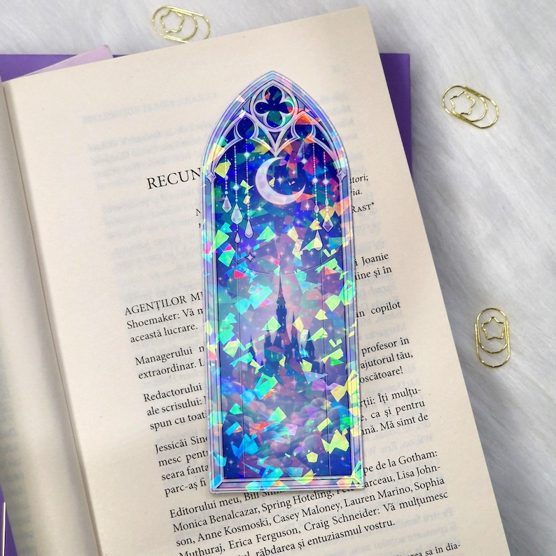 Holografiskt bokmärke för slottsfönster – Sagotisk gotisk design, fantasyläsarpresent Dark Blue Castle