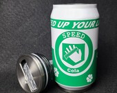Speed Cola Perk can vacuum insulated 9 oz can with removable lid and straw.