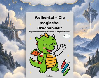 Puede incluir: Un libro para colorear titulado Wolkental - Die magische Drachenwelt, Band 1 de Nele Gauer. La portada muestra un dragón verde sosteniendo un lápiz rojo, con lápices adicionales debajo. El texto dice Malbuch für kleine Drachenfans y 55 liebevoll gestaltete Ausmalbilder Digitaler Download zum Ausdrucken.
