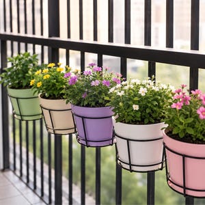 Puede incluir: Cinco macetas redondas en verde claro, crema, morado, blanco y rosa, cada una sostenida por un marco de alambre de metal negro. Las macetas están montadas en fila a lo largo de una barandilla vertical negra, conteniendo plantas con flores.