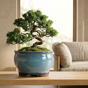 May include: A bonsai tree with a twisted, textured brown trunk and dense green foliage, planted in a round, glossy blue ceramic pot with a smooth finish. The base of the tree is covered in a layer of vibrant green moss, resting on a wooden surface.