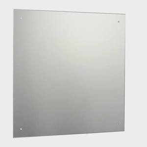 May include: A large, rectangular mirror with rounded corners. The mirror has a reflective surface and is mounted with four small holes, one in each corner. The mirror is a neutral color and is suitable for a bathroom or bedroom.