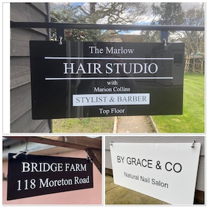 Custom hanging sign plaque, small medium or large sizes, personalised swinging sign single or double sided, hair dressers, pub, sign plaque