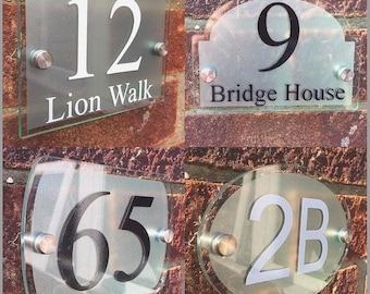 Modern House Sign plaque door number street glass acrylic silver name