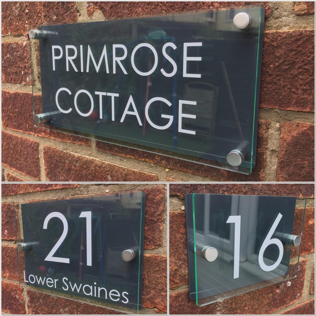 Modern House Sign Door Number Street Glass Effect Acrylic Dark Grey ...