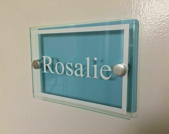 Personalised boys bedroom door plaque, modern glass acrylic plaque with a border for boys bedroom door
