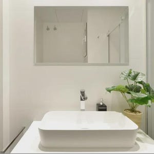 Puede incluir: Un baño moderno con un lavabo rectangular blanco, un grifo cromado y un espejo grande. Una planta en maceta con hojas verdes grandes está sobre la encimera. La ducha es visible a la derecha.