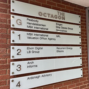 Könnte beinhalten: Außenansicht eines Gebäudes mit roter Backsteinmauer. Mehrere weiße rechteckige Schilder mit Firmennamen sind an der Wand angebracht. Das oberste Schild trägt die Aufschrift "THE OCTAGON".