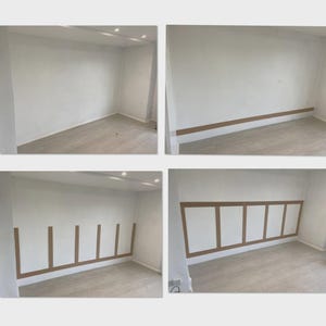 May include: Four-panel image sequence showing a room with white walls and light wood flooring. The images depict the installation of decorative wooden trim on the walls, progressing from a bare room to a finished design.